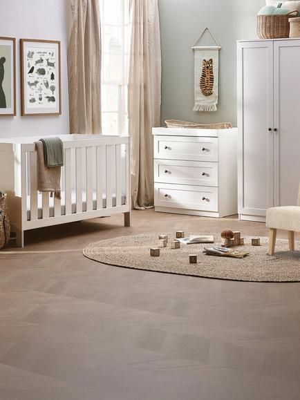 Silver Cross Bromley Cotbed, Mattress, Dresser and Wardrobe, White with Carmel Nursing Chair, Almond - view 2, Brown
