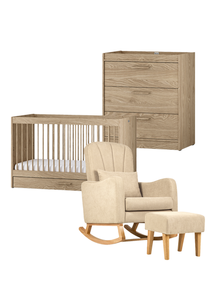 Silver Cross Geneva Cotbed and Dresser, Oak with Carmel Nursing Chair, Almond, Brown