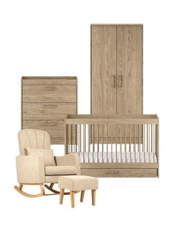 Silver Cross Geneva Cotbed, Dresser & Wardrobe, Oak with Carmel Nursing Chair, Almond, Brown