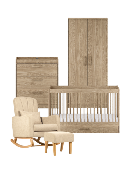 Silver Cross Geneva Cotbed, Dresser & Wardrobe, Oak with Carmel Nursing Chair, Almond, Brown