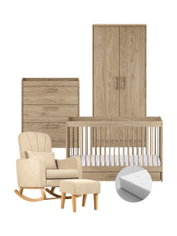 Silver Cross Geneva Cotbed, Mattress, Dresser & Wardrobe, Oak with Carmel Nursing Chair, Almond, Brown