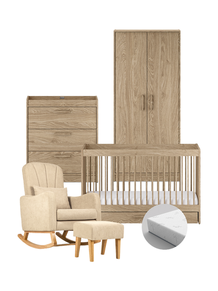 Silver Cross Geneva Cotbed, Mattress, Dresser & Wardrobe, Oak with Carmel Nursing Chair, Almond, Brown