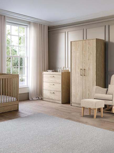 Silver Cross Geneva Cotbed, Mattress, Dresser & Wardrobe, Oak with Carmel Nursing Chair, Almond - view 2, Brown