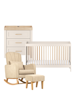 Silver Cross Seville Cotbed and 3 Drawer Dresser Set, Cashmere/Oak with Carmel Nursing Chair, Almond, Brown