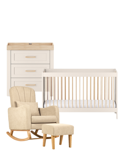 Silver Cross Seville Cotbed and 3 Drawer Dresser Set, Cashmere/Oak with Carmel Nursing Chair, Almond, Brown