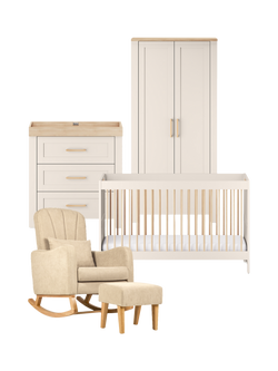 Silver Cross Seville Cotbed, Double Wardrobe and 3 Drawer Dresser Set, Cashmere/Oak with Carmel Nursing Chair, Almond, Brown