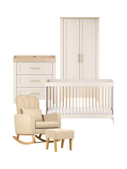 Silver Cross Seville Cotbed, Double Wardrobe and 3 Drawer Dresser Set, Cashmere/Oak with Carmel Nursing Chair, Almond, Brown