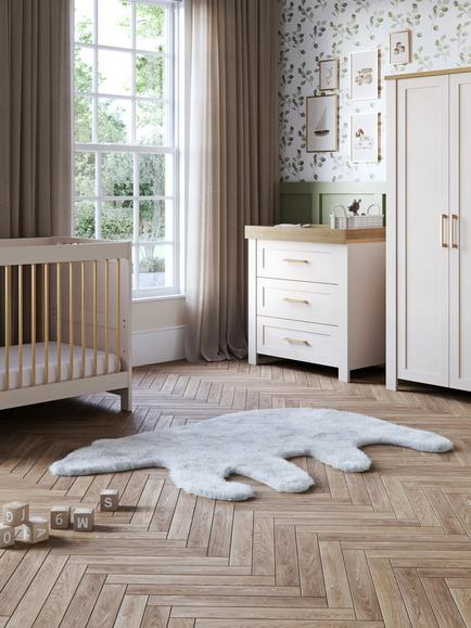 Silver Cross Seville Cotbed, Double Wardrobe and 3 Drawer Dresser Set, Cashmere/Oak with Carmel Nursing Chair, Almond - view 2, Brown