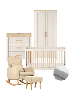 Silver Cross Seville Cotbed, Mattress, Dresser and Wardrobe, Cashmere/Oak with Carmel Nursing Chair, Almond, Brown