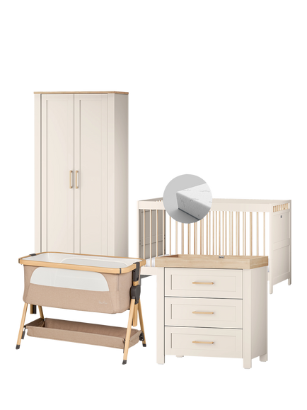 Silver Cross Seville Cotbed, TrueFit™ Fibre Mattress, Dresser & Wardrobe, Cashmere/Oak with Lunar Crib, Oatmeal, Brown