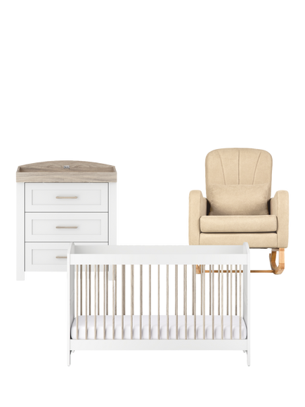 Silver Cross Valencia Cotbed and Dresser, Ash White with Carmel Nursing Chair, Almond, Brown
