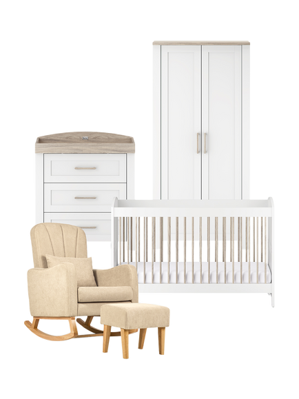 Silver Cross Valencia Cotbed, Dresser & Wardrobe, Ash White with Carmel Nursing Chair, Almond, Brown