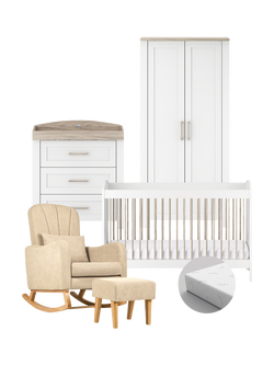 Silver Cross Valencia Cotbed, Mattress, Dresser & Wardrobe, Ash White with Carmel Nursing Chair, Almond, White/Caramel