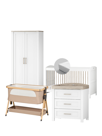 Silver Cross Valencia Cotbed, TrueFit™ Fibre Mattress, Dresser & Wardrobe, Ash White with Lunar Crib, Oatmeal, White/Caramel