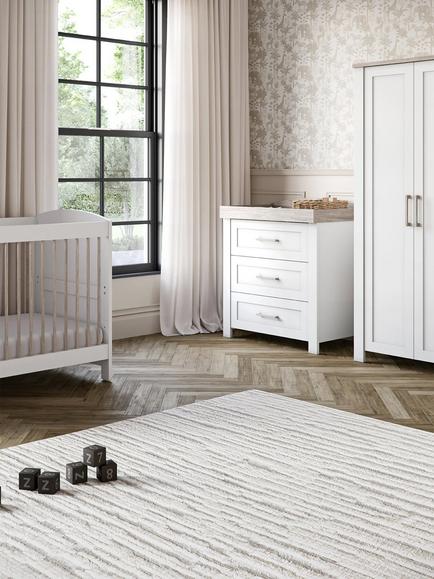 Silver Cross Valencia Cotbed, TrueFit™ Fibre Mattress, Dresser & Wardrobe, Ash White with Lunar Crib, Oatmeal - view 2, White/Caramel