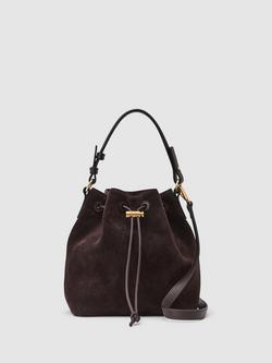 Reiss Esther Suede & Leather Bucket Bag, Chocolate, Dark Brown