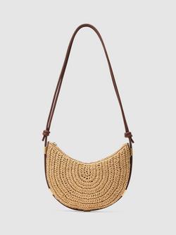 Reiss Harriet Raffia Effect Half Moon Shoulder Bag, Natural, Light Brown