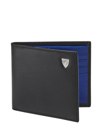 Aspinal of London 8 Card Single Billfold Leather Wallet - view 2, Black/Caspian Blue