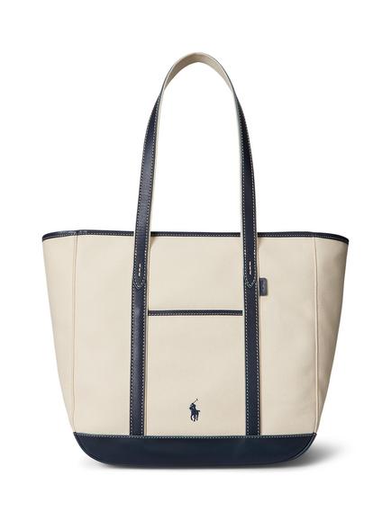 Polo Ralph Lauren Leather and Canvas Medium Shopper Tote Bag, Ecru/Navy