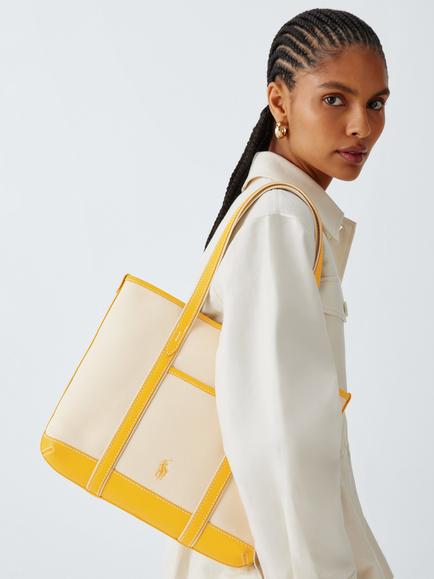 Polo Ralph Lauren Small Canvas Shopper Tote Bag, Ecru/Racing Yellow - view 2, Ecru/Racing Yellow