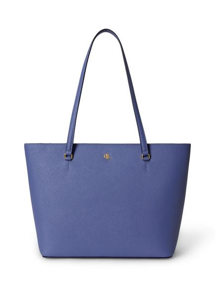 Lauren Ralph Lauren Karly Medium Leather Tote Bag, Birch Tan, Carson Blue