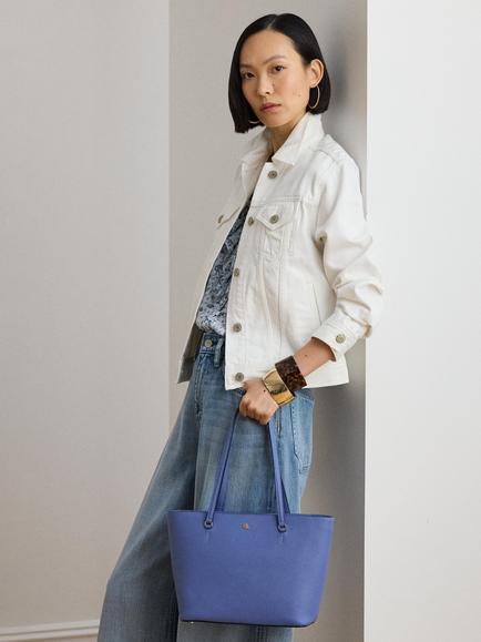Lauren Ralph Lauren Karly Medium Leather Tote Bag, Birch Tan - view 2, Carson Blue