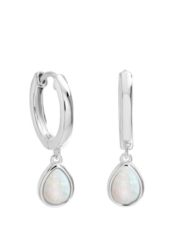 Simply Silver Pear Drop Charm Hoop Earrings, Opal