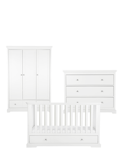 CuddleCo Beaumont Cot Bed, Changing Table Dresser & Triple Wardrobe, White, White