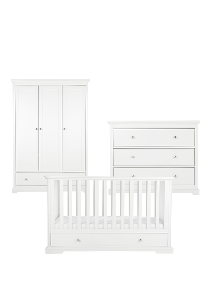 CuddleCo Beaumont Cot Bed, Changing Table Dresser & Triple Wardrobe, White, White