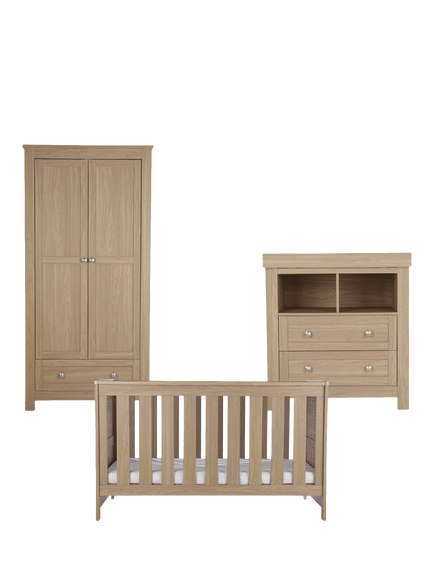CuddleCo Burford Cot Bed, Changing Table Dresser & Double Wardrobe, Oak