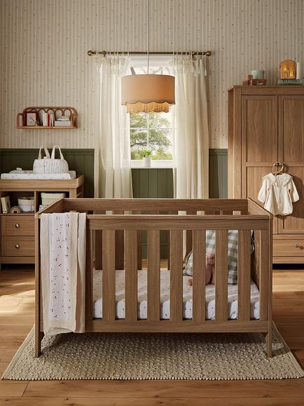 CuddleCo Burford Cot Bed, Changing Table Dresser & Double Wardrobe - view 2, Oak