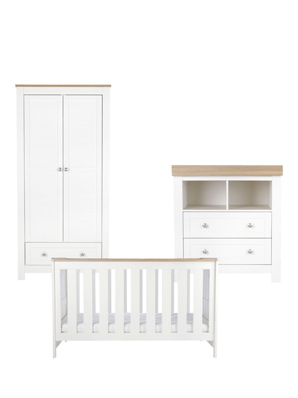 CuddleCo Burford Cot Bed, Changing Table Dresser & Double Wardrobe, White & Oak