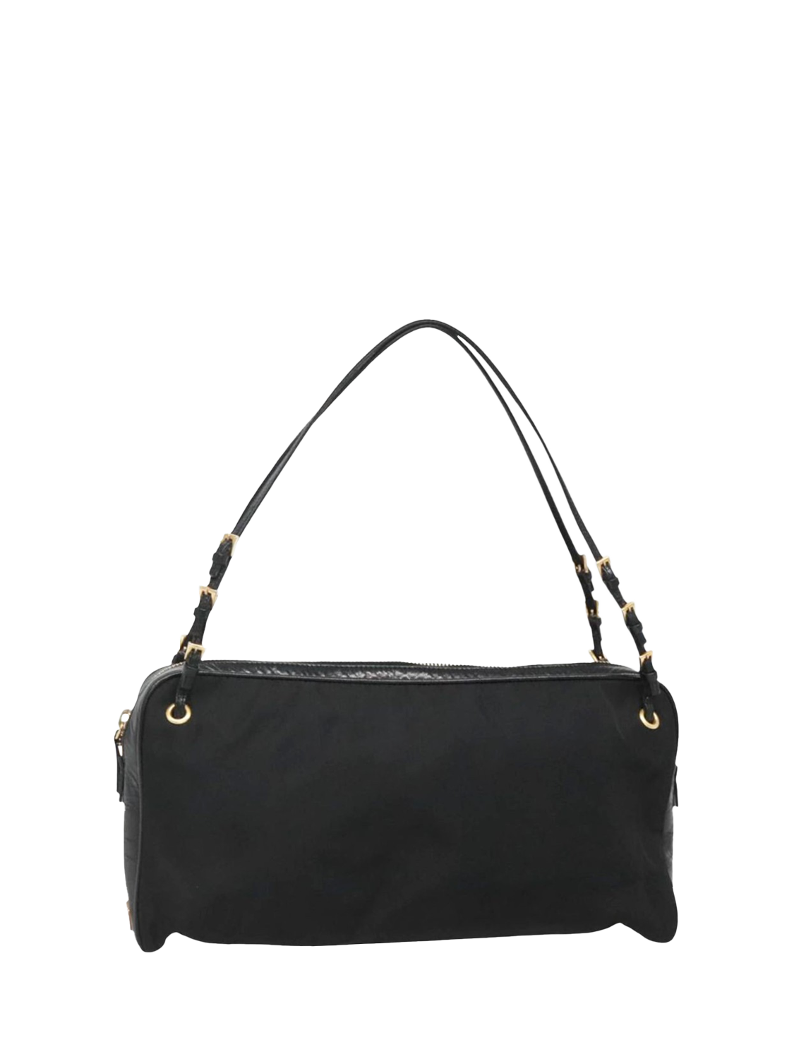 Product image 1 of 10, which shows Pre-loved Prada Nylon Gold Hardware Top Handle Bag, Black