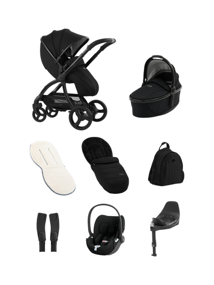 egg 3 Pushchair, Carrycot and Accessories with Cybex Cloud T i-Size Rotating Baby Car Seat and Base Luxury Bundle, Black, Black