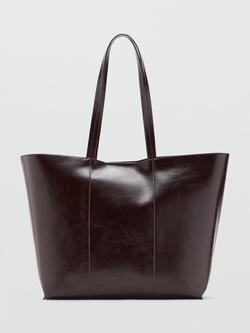 Mango Oliver Leather Lined Large Shopper Bag, Dark Brown, Dark Brown