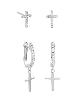 Simply Silver Pave Cross Stud and Cross Hoop Earrings, Silver