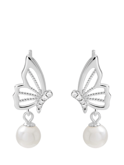 Simply Silver Polished Butterfly Pearl Drop Earrings, Silver