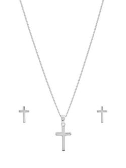 Simply Silver Polished Cross Necklace and Earrings Set, Silver