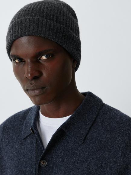 John Lewis Pure Cashmere Rib Knit Beanie Hat, Charcoal
