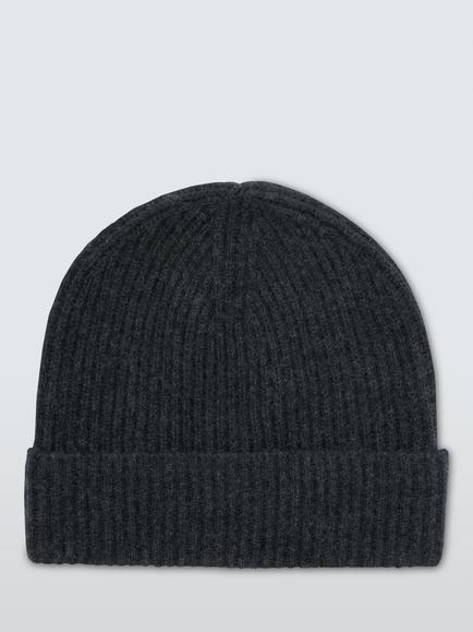 John Lewis Pure Cashmere Rib Knit Beanie Hat - view 2, Charcoal