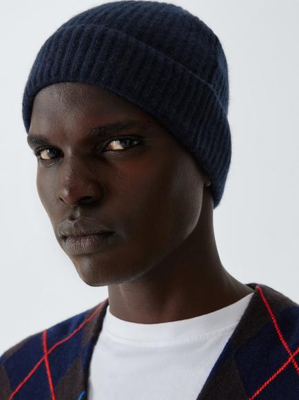 John Lewis Pure Cashmere Rib Knit Beanie Hat, Navy