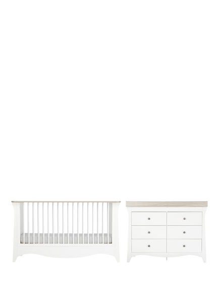 CuddleCo Clara Luxe Cot Bed & 6-Drawer Changing Table Dresser, White & Ash