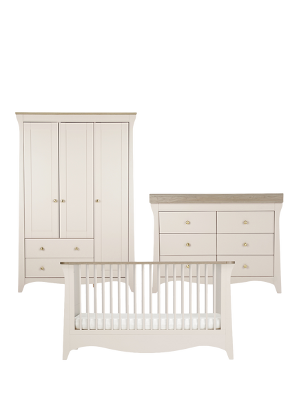 CuddleCo Clara Luxe Cot Bed, 6-Drawer Changing Table Dresser & Triple Wardrobe, Cashmere & Ash