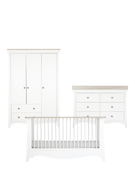 CuddleCo Clara Luxe Cot Bed, 6-Drawer Changing Table Dresser & Triple Wardrobe, White & Ash