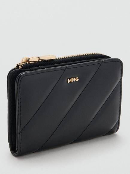 Mango Diagonal Quilted Zipped Purse, Black - view 2, Black