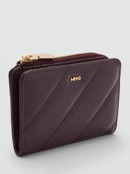 Mango Diagonal Quilted Zipped Purse, Dark Red - view 2, Dark Red