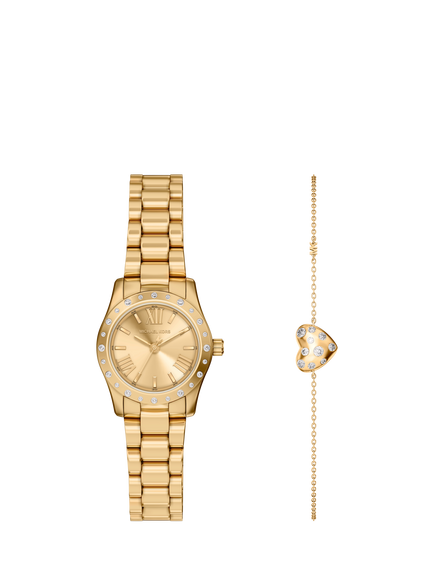 Michael Kors MK4992 Ladies Watch and Pave Heart Bracelet Set, Gold, Gold