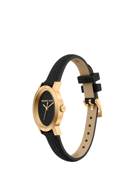 Michael Kors MK7585 Women's Maude Oval Leather Strap Watch, Gold And Black - view 2, Gold And Black