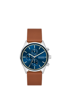Skagen SKW6916 Men's Holst Chronograph Watch, Leather Tan/Blue, Leather Tan/Blue