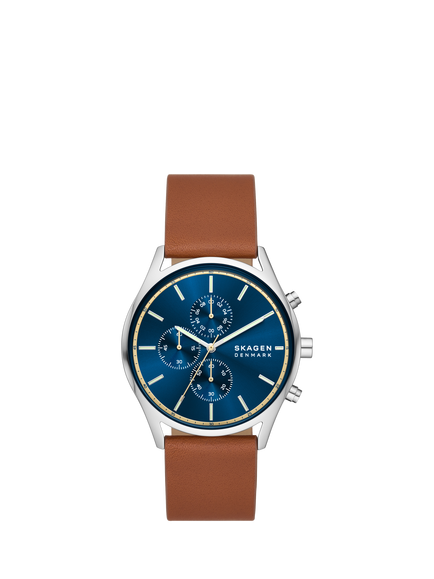 Skagen SKW6916 Men's Holst Chronograph Watch, Leather Tan/Blue, Leather Tan/Blue